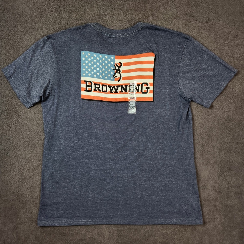 Browning Over Under Flag Shirt Mens XL Heather Navy Graphic Tee Casual